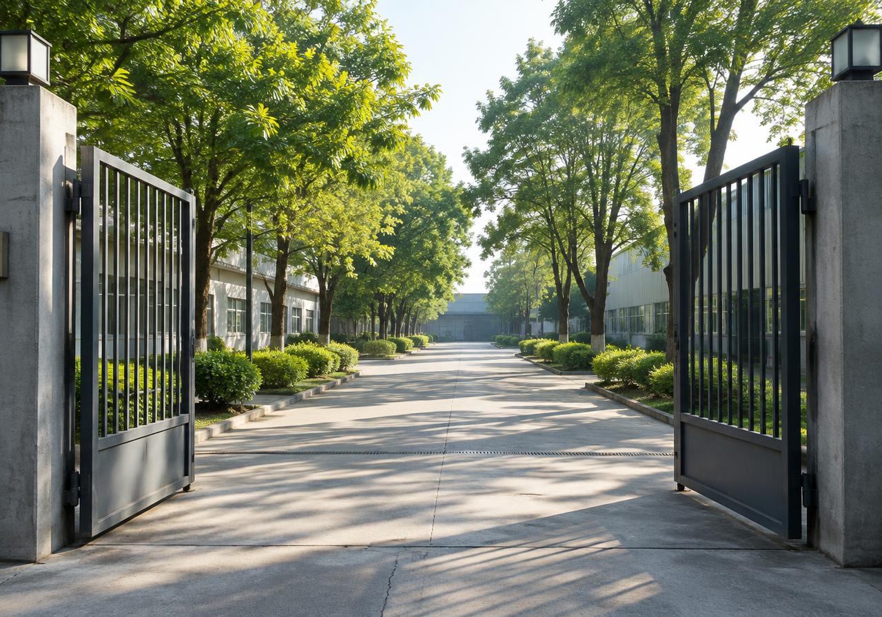 Illustrative image: open steel gate leading into a tree-lined campus path