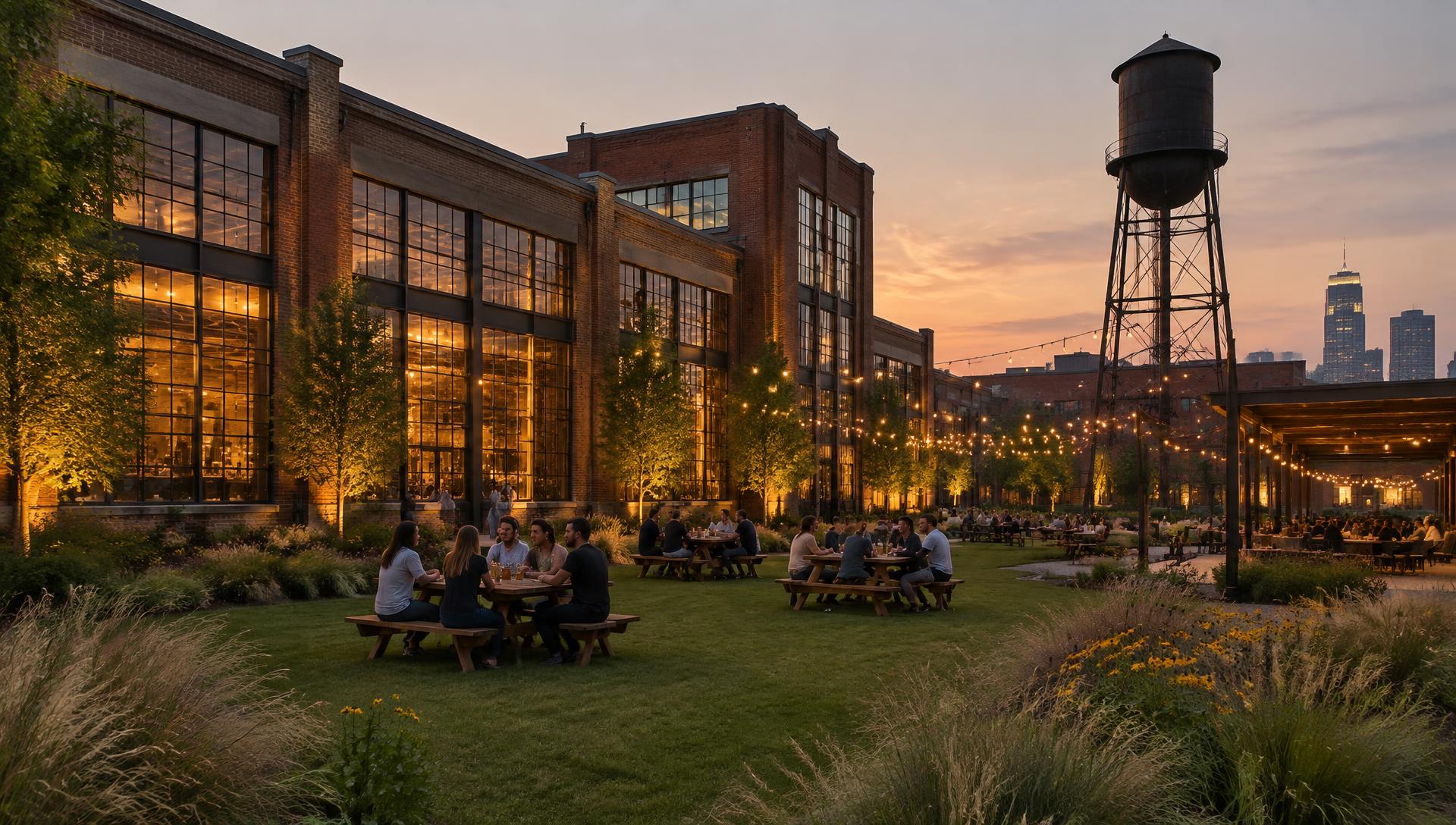 Illustrative image: brick industrial buildings with steel windows around a lawn at dusk